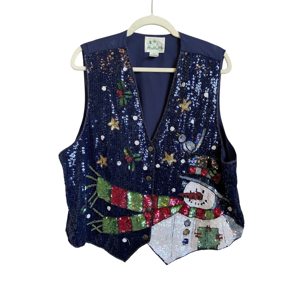 Quacker Factory Navy Blue Sequin Snowman Christmas Holiday Vest Plus Size 1X